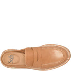 A top-down view of a tan leather penny loafer with a matching insole, featuring the brand name 'Soft' printed on the inner sole, set against a plain white background.