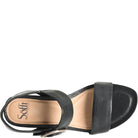 Black sandal with 'Sofft' branding on a white background