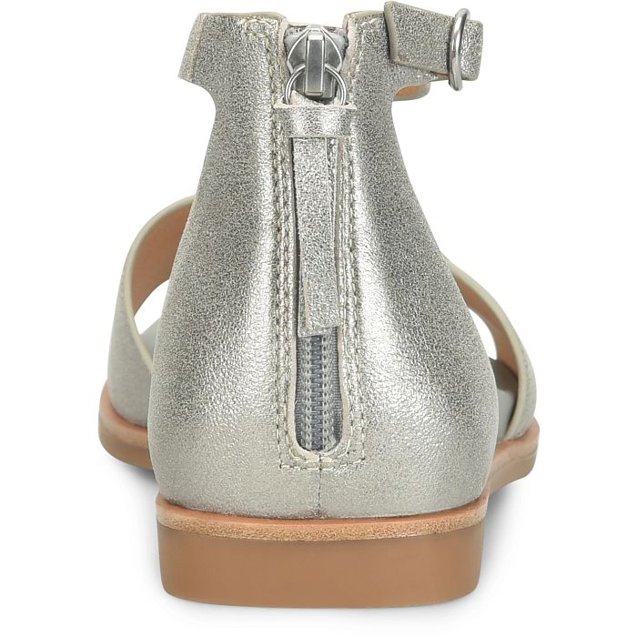 Silver sandal with a back strap on a white background