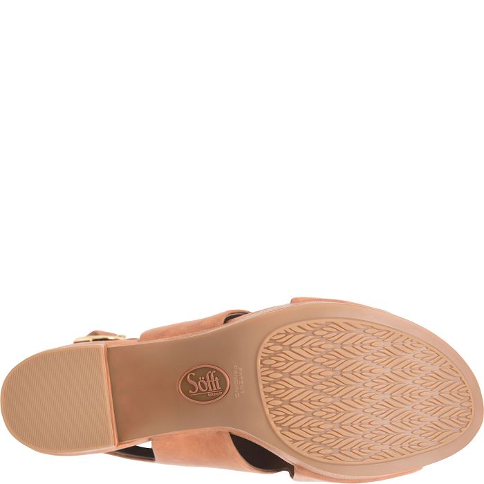 Tan sandal sole with 'Sofft' branding on a white background