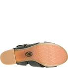 Close-up of a sandal sole with a visible brand logo on a white background