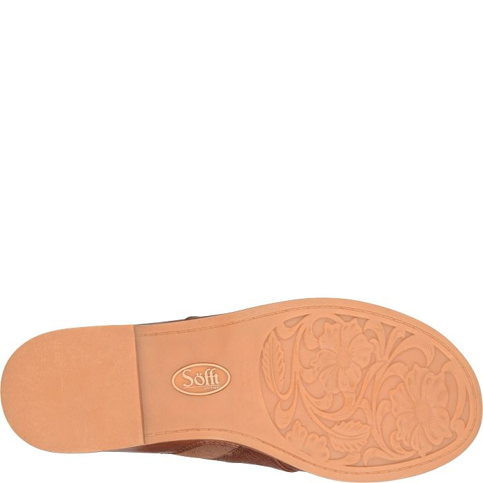 Close-up of a tan shoe sole with 'Sofft' branding on a white background