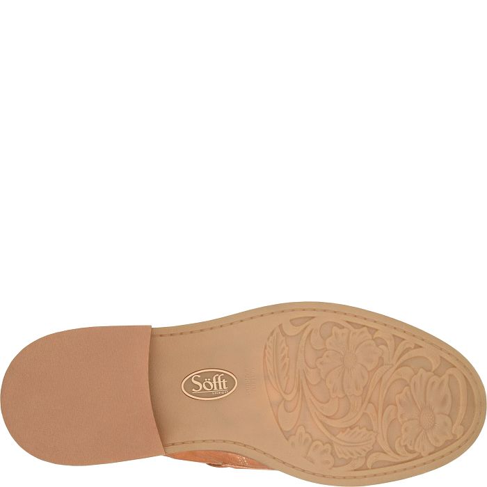 Top-down view of a tan leather shoe sole with floral tooling on the tread and a Saff brand logo embossed in the center.