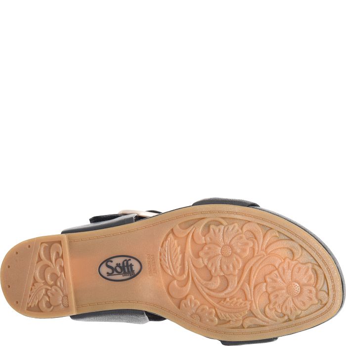 Close-up of a sandal sole with floral patterns and 'Sofft' branding on a white background