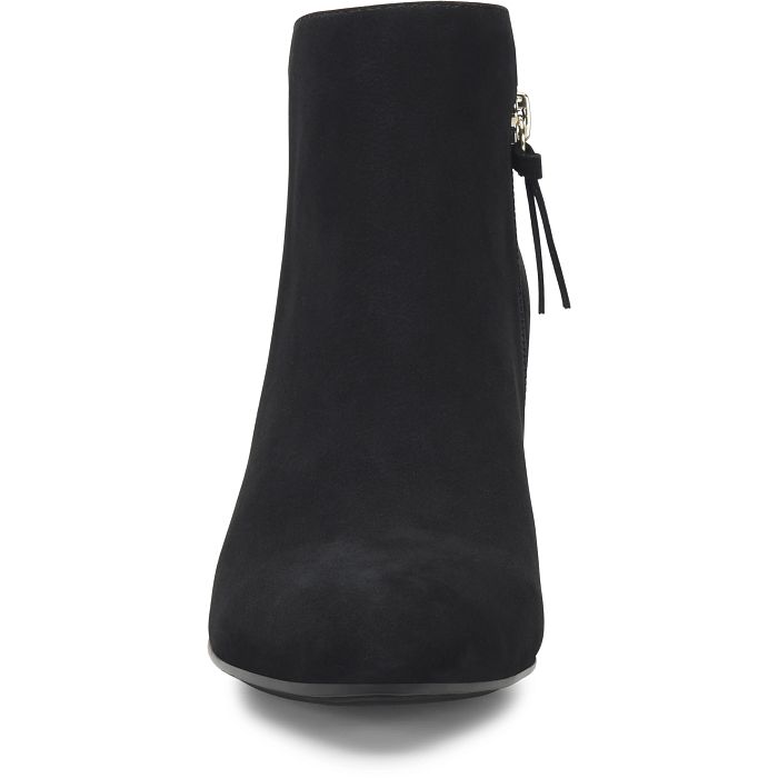 A black suede ankle boot with a side zipper and tassel detail, shown from a front-facing perspective on a white background.
