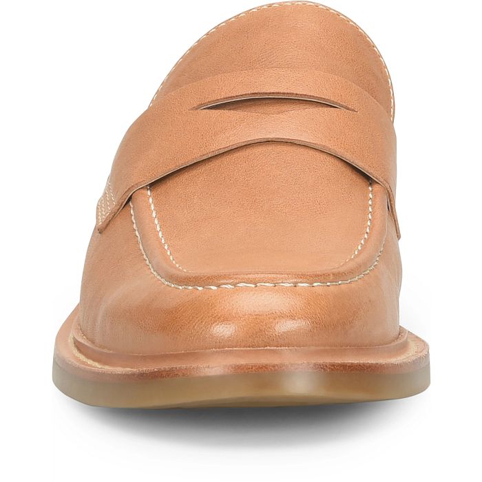 A tan leather penny loafer shown from a front-facing angle on a clean white background.
