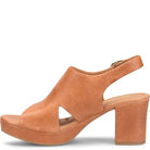 Tan sandal with a block heel on a white background