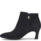 A black suede ankle boot with a pointed toe, a mid-height stiletto heel, and a side zipper featuring a small gold-tone horse emblem pull tab, shown against a plain white background.