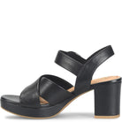 Black sandal with a block heel on a white background