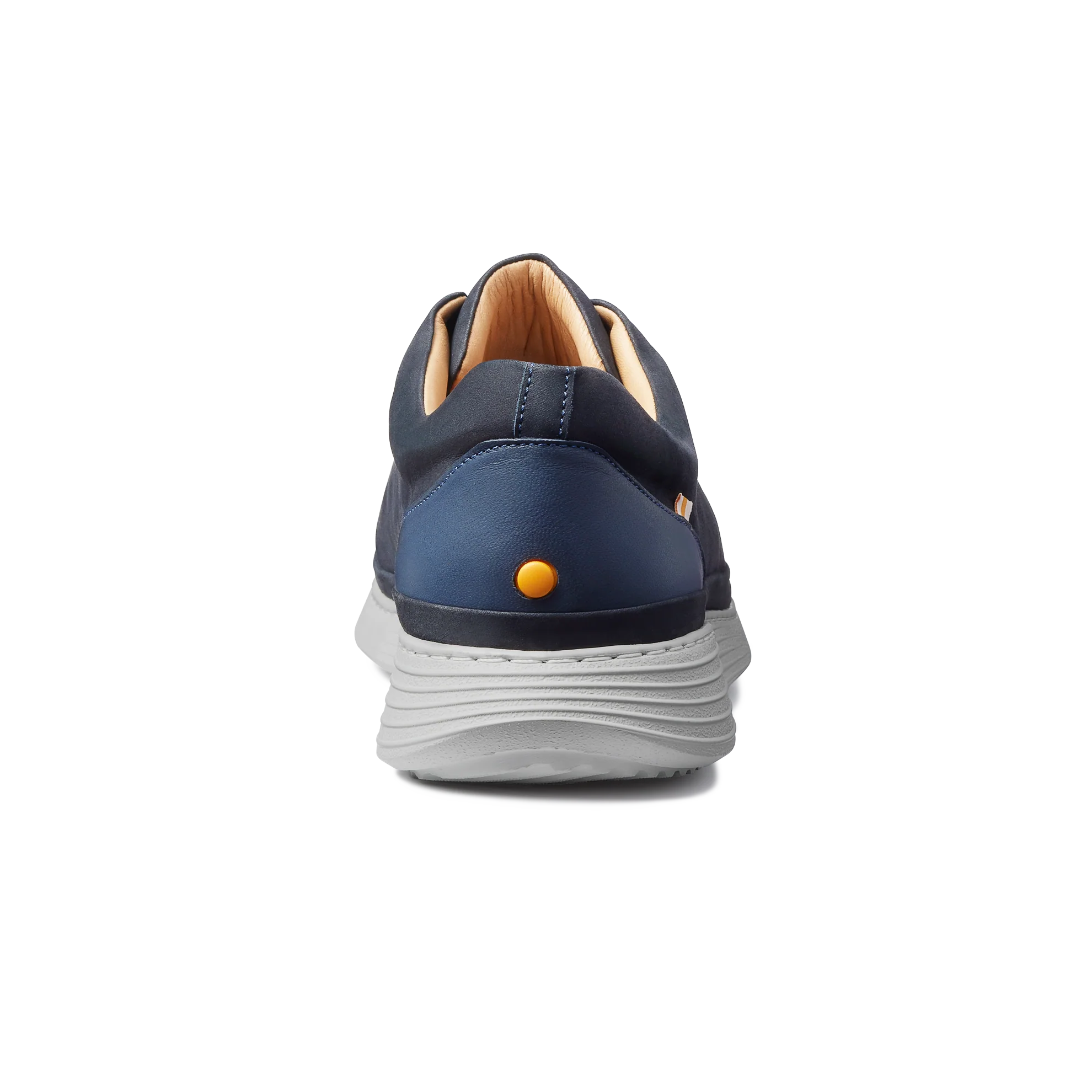 Navy blue shoe with a white sole on a white background