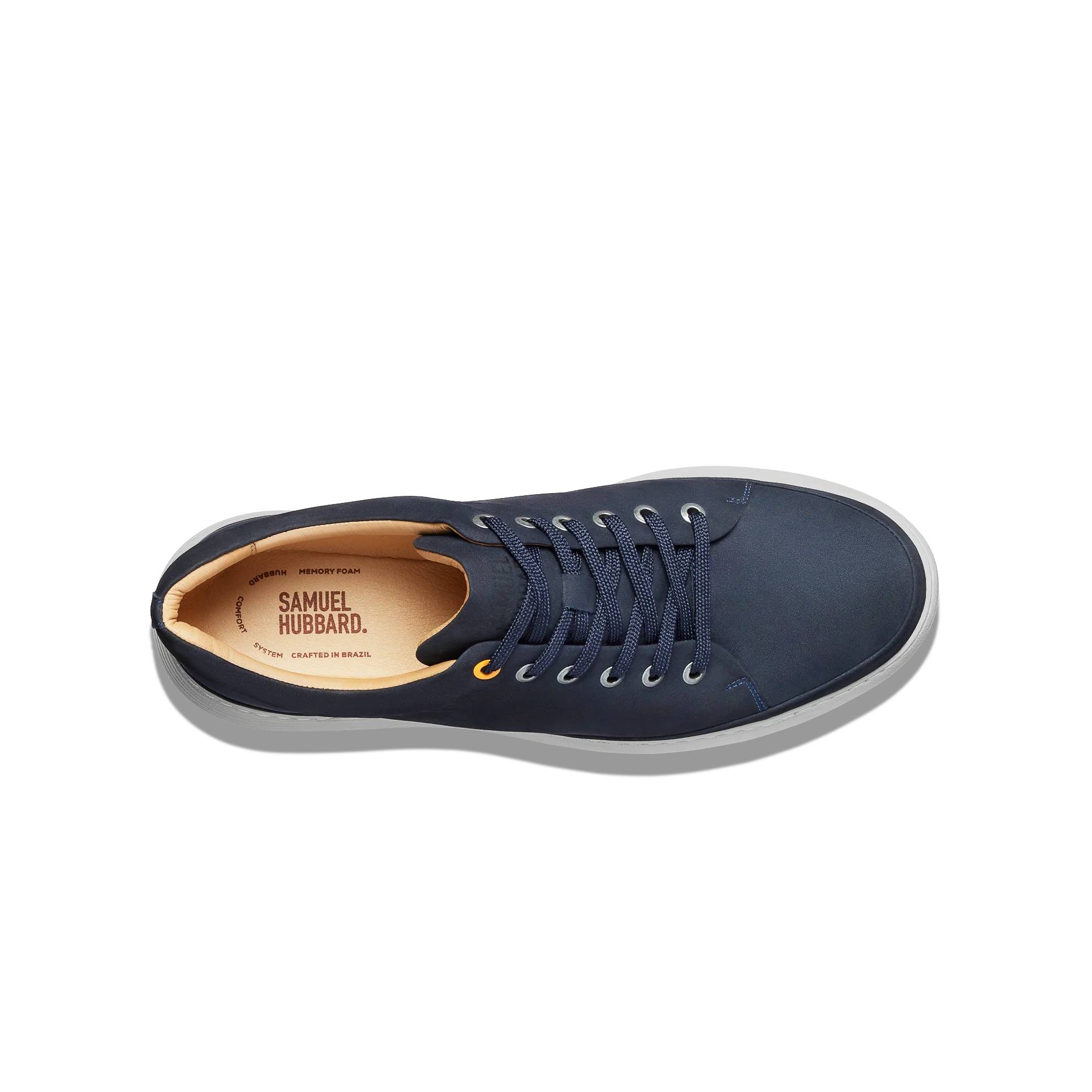 Navy blue sneaker with a visible brand label on a white background