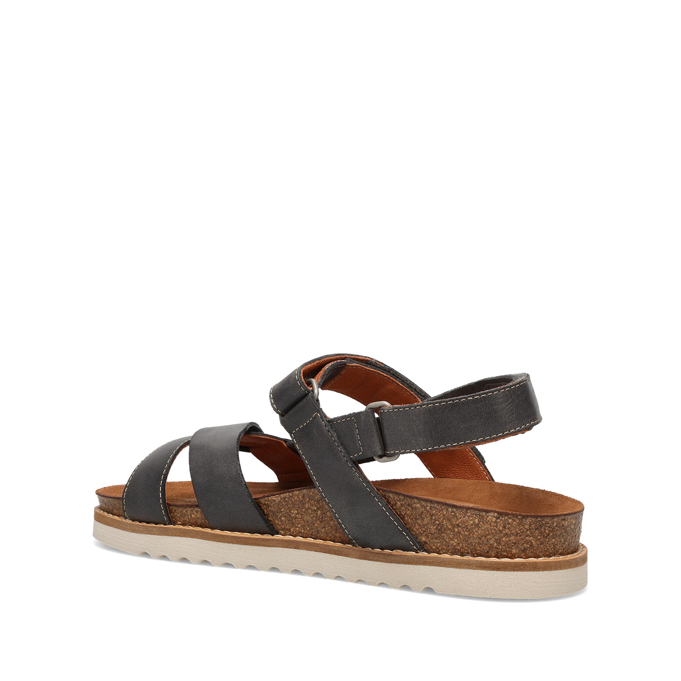 Black sandal with cork sole on a white background