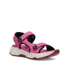 Pink sandal with black straps on a white background