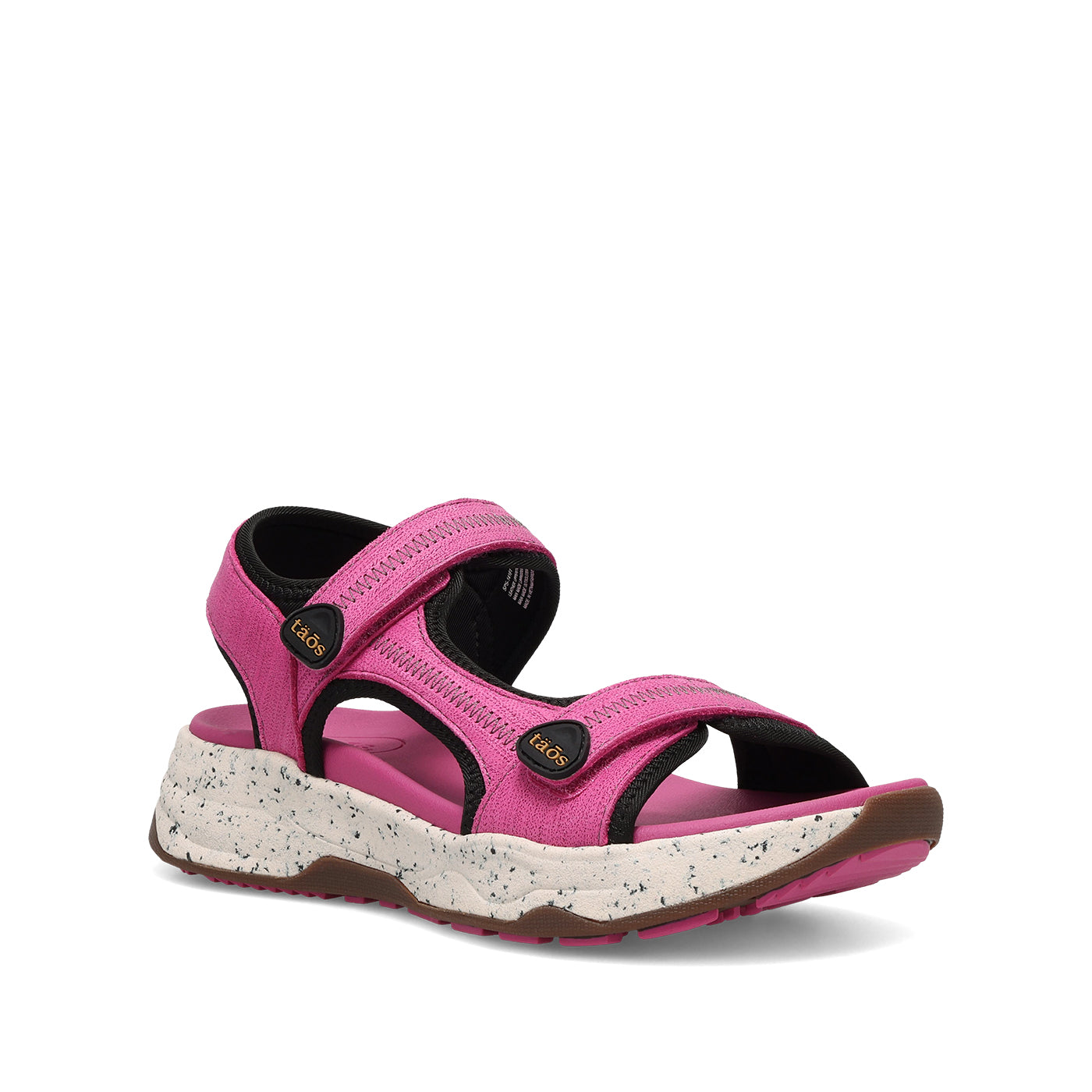Pink sandal with black straps on a white background