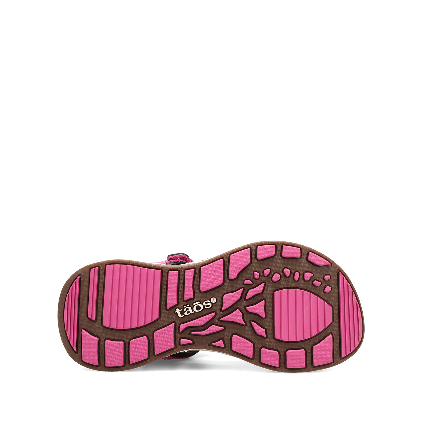 Pink and brown sandal sole with 'taos' branding on a white background