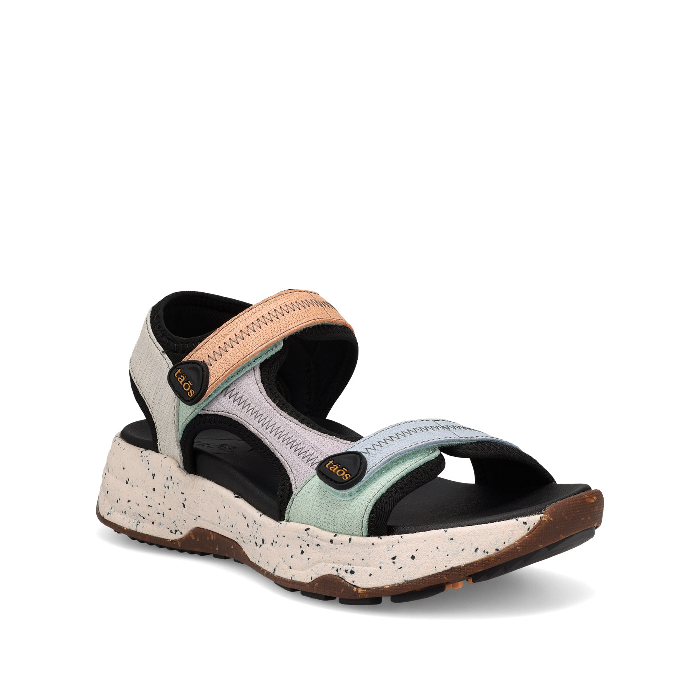 Multicolored sandal with speckled sole on a white background