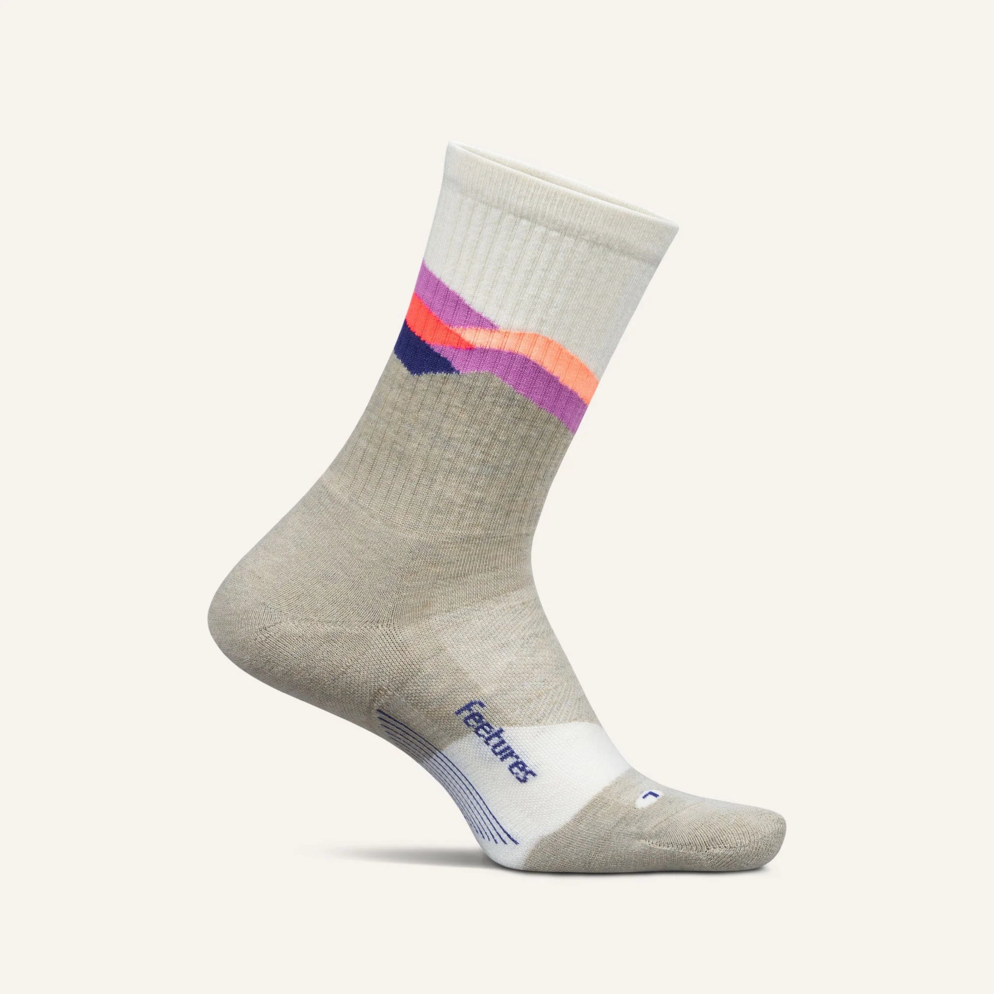 Gray socks with colorful stripes on a white background