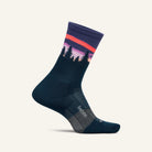Navy sock with a colorful pattern on a white background