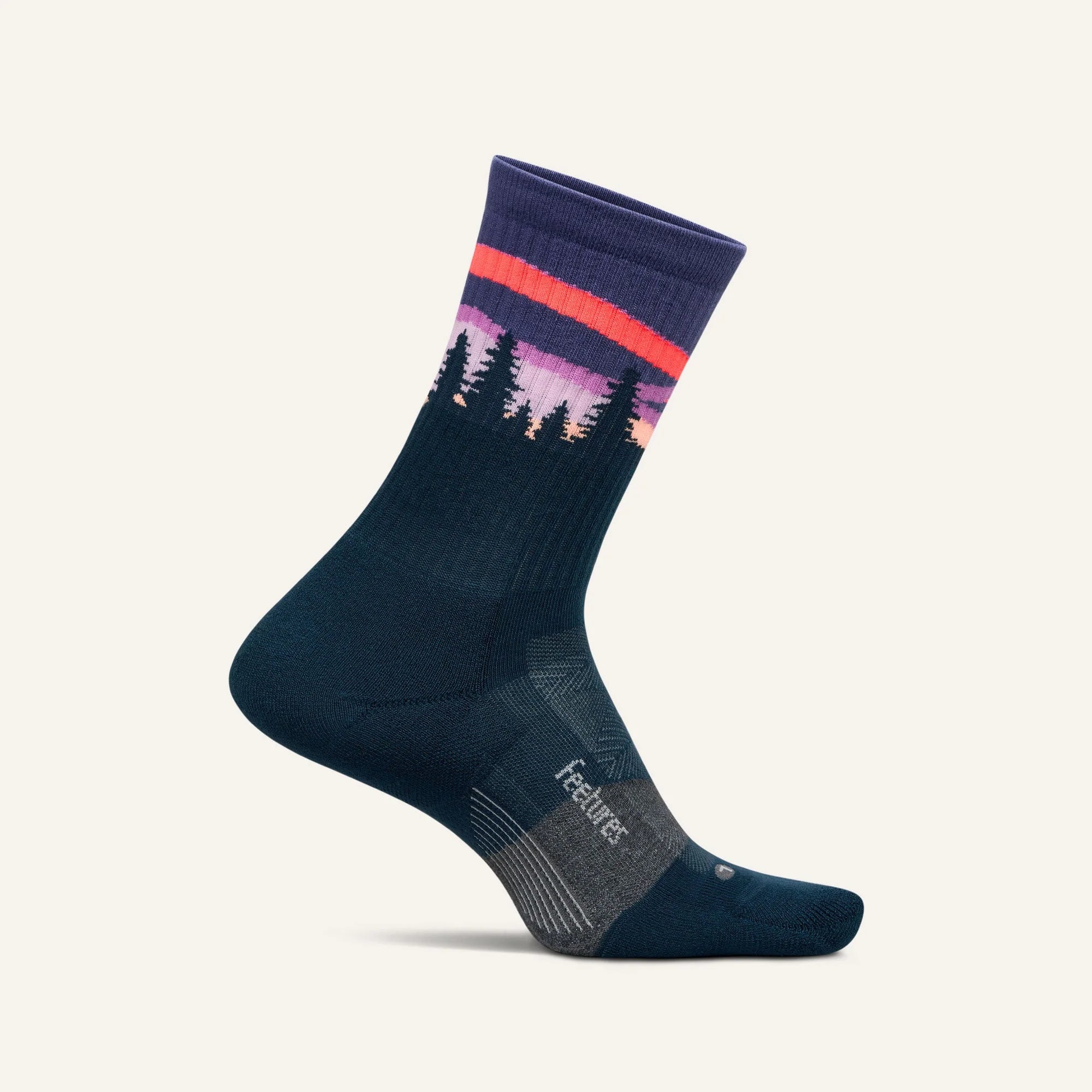 Navy sock with a colorful pattern on a white background