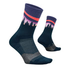 Pair of blue socks with a nature-themed design on a light gray background