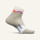 Gray ankle sock with white cuff and colorful stripe on a light gray background