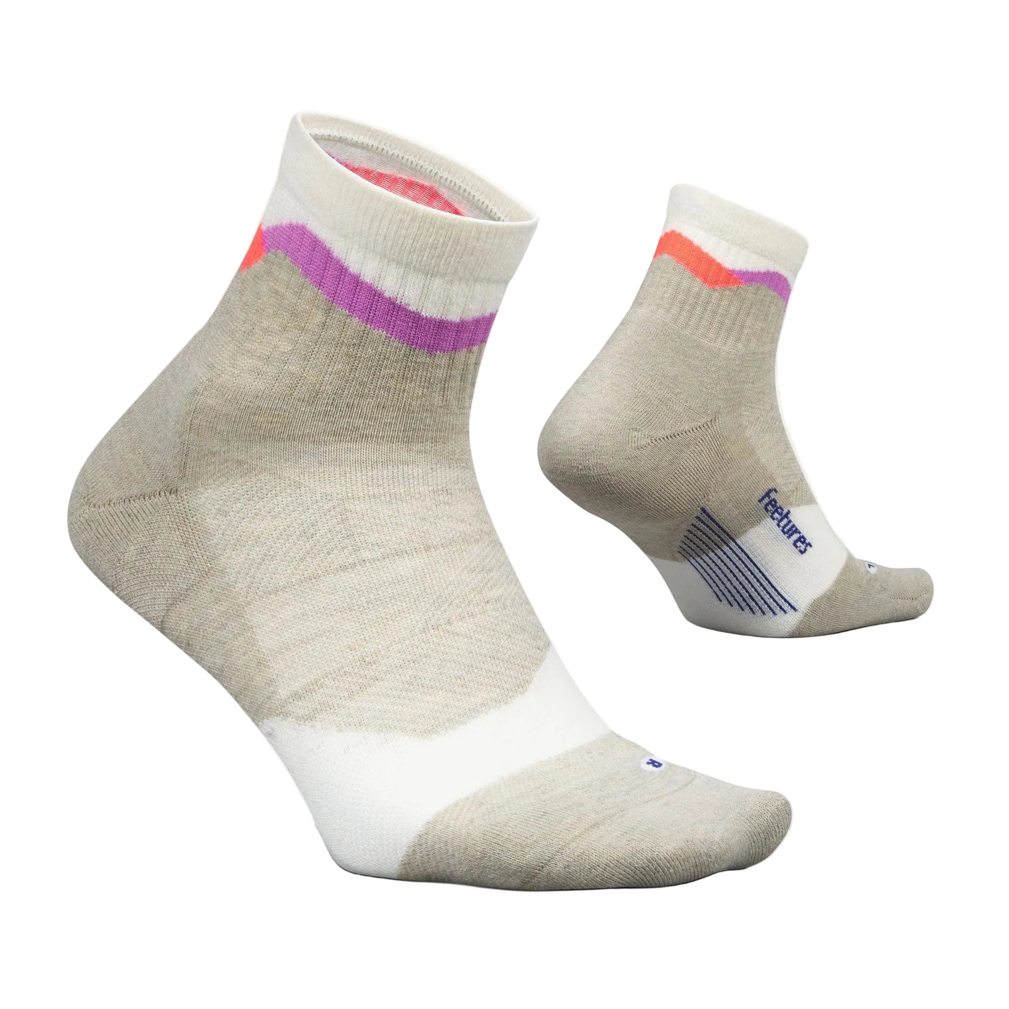 Pair of gray ankle socks with colorful accents on a white background