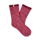 A pair of fuzzy, textured crew socks in a dusty rose pink color, displayed against a clean white background.
