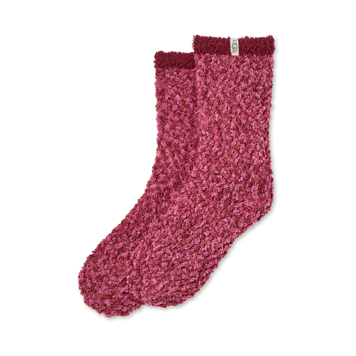 A pair of textured, chunky knit socks in a heathered magenta-pink color, displayed against a solid white background.