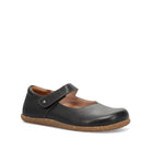 Black shoe with a brown sole on a white background