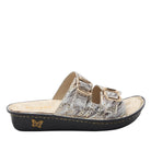 Sandal with metallic strap and butterfly design on a white background