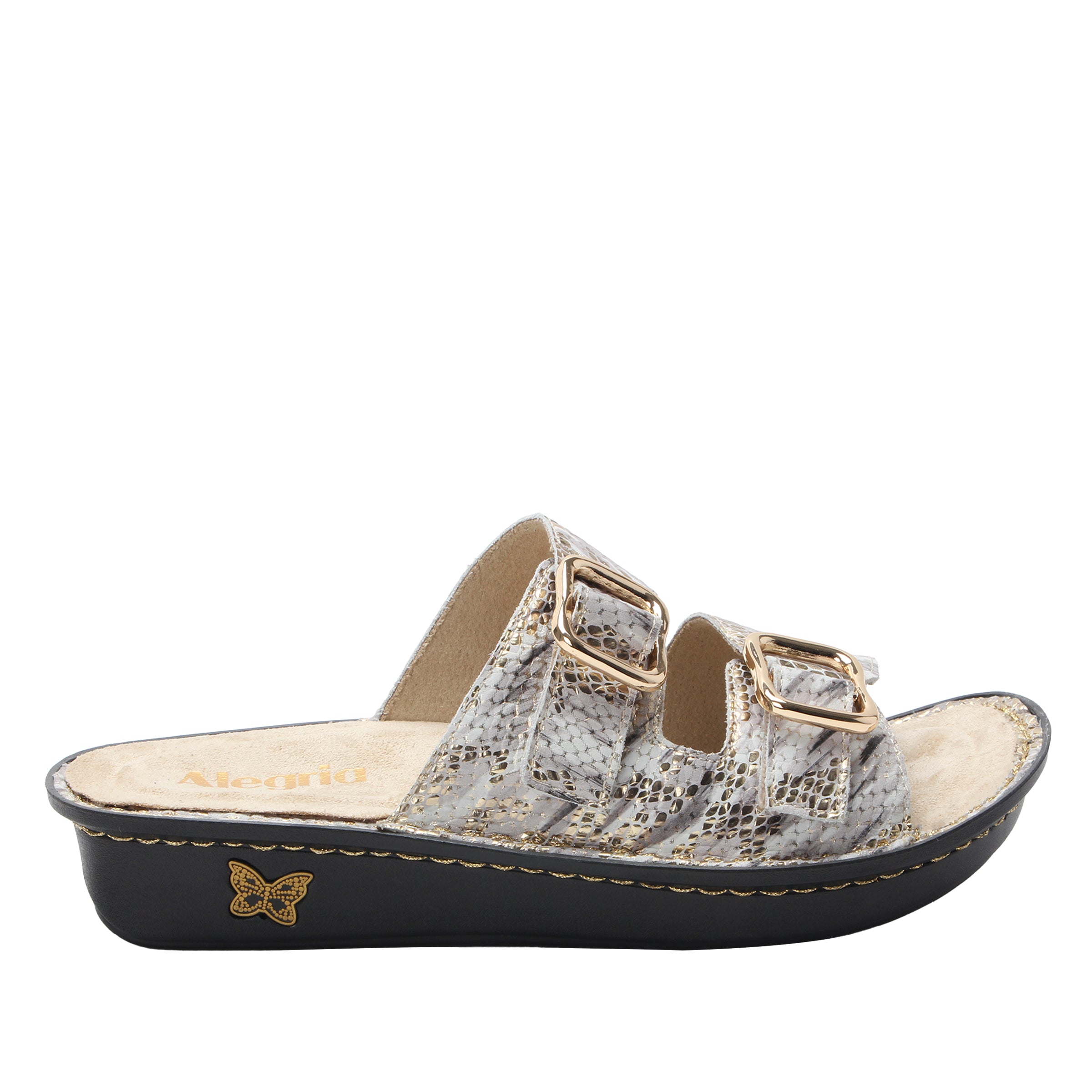 Sandal with metallic strap and butterfly design on a white background