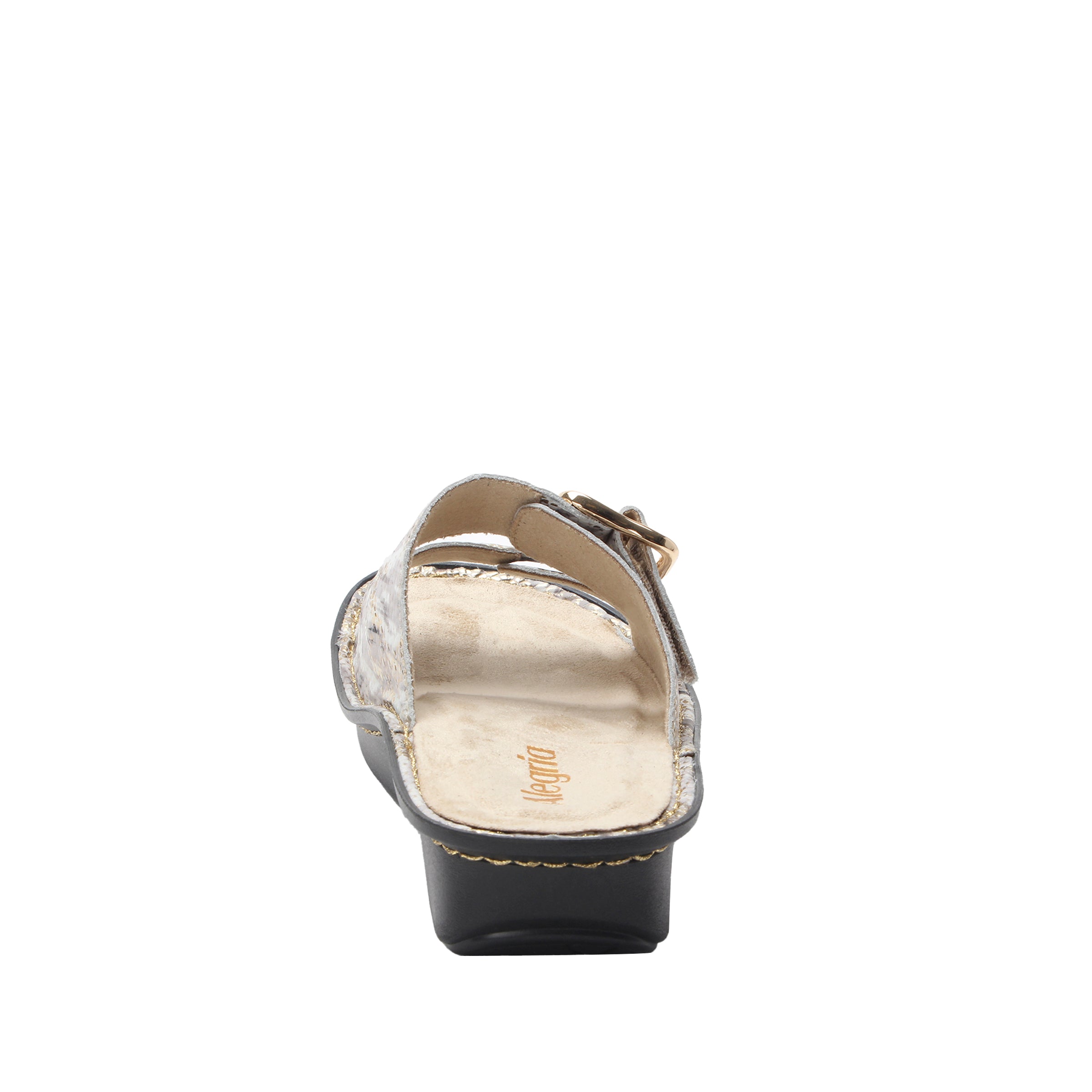 Black sandal with a gold buckle on a white background