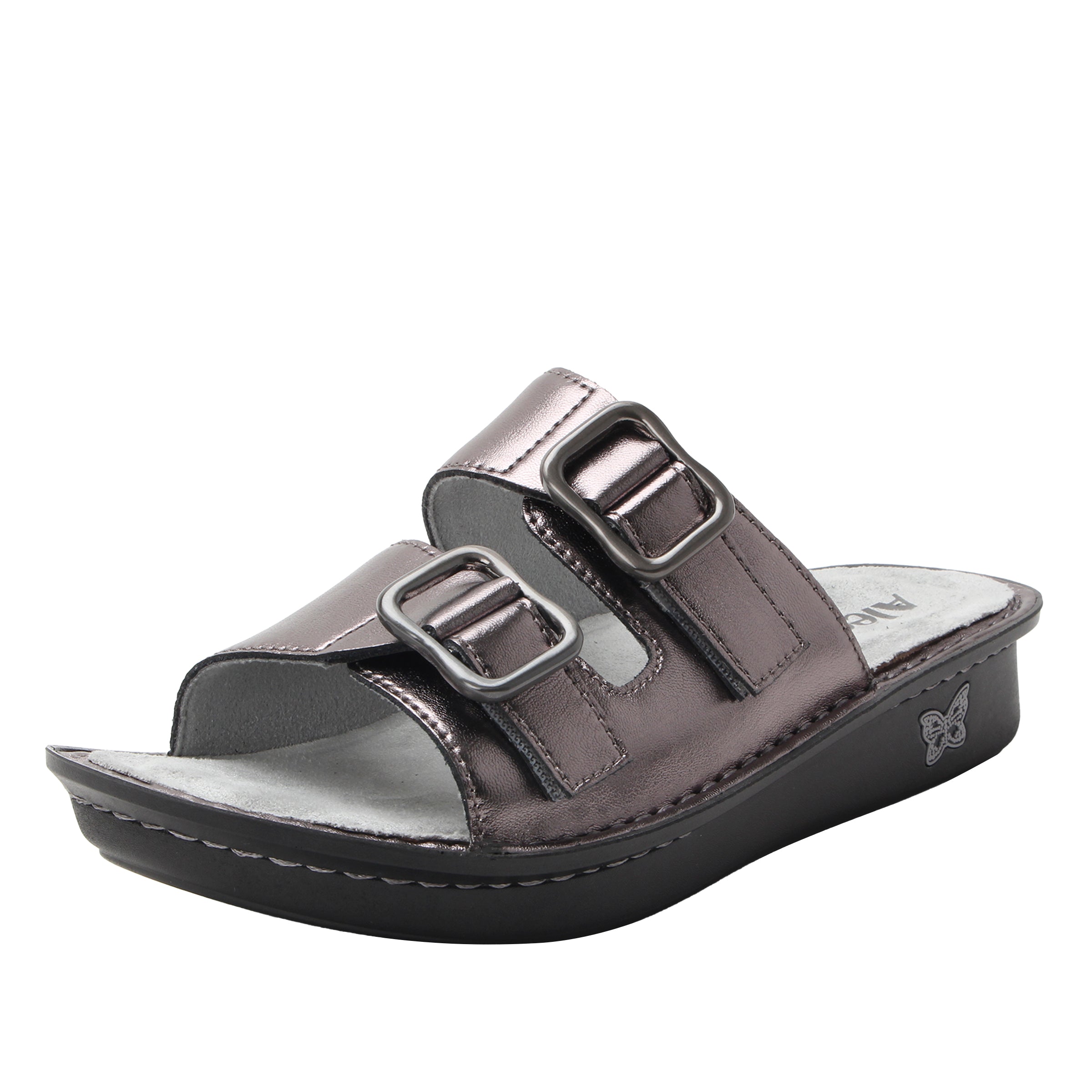 Gray sandal with two buckles on a white background