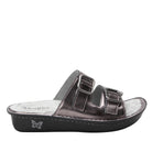 Black sandal with a strap and Alegria logo on a white background