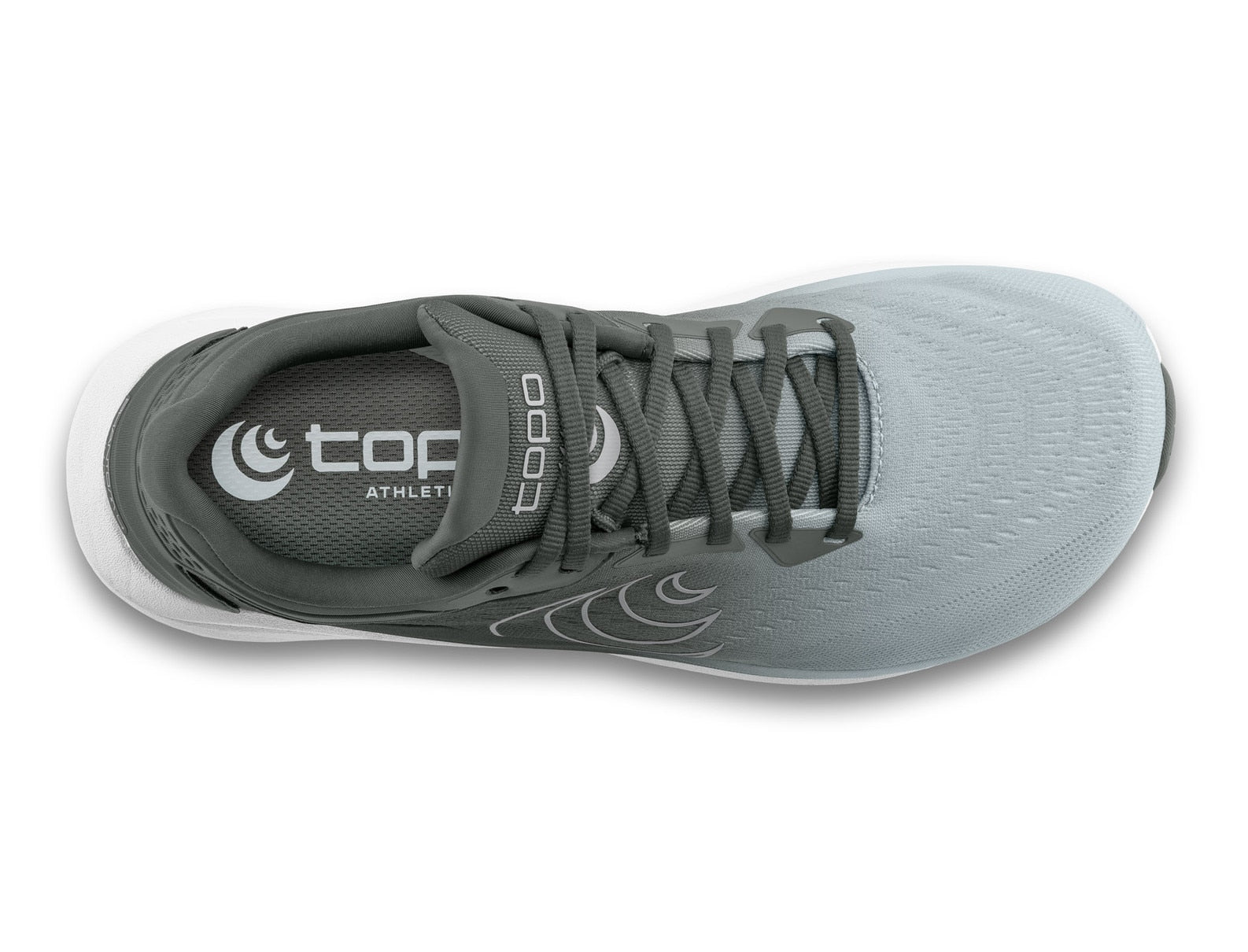 Gray athletic shoe with white sole on a white background