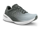 Gray running shoe with white sole on a white background