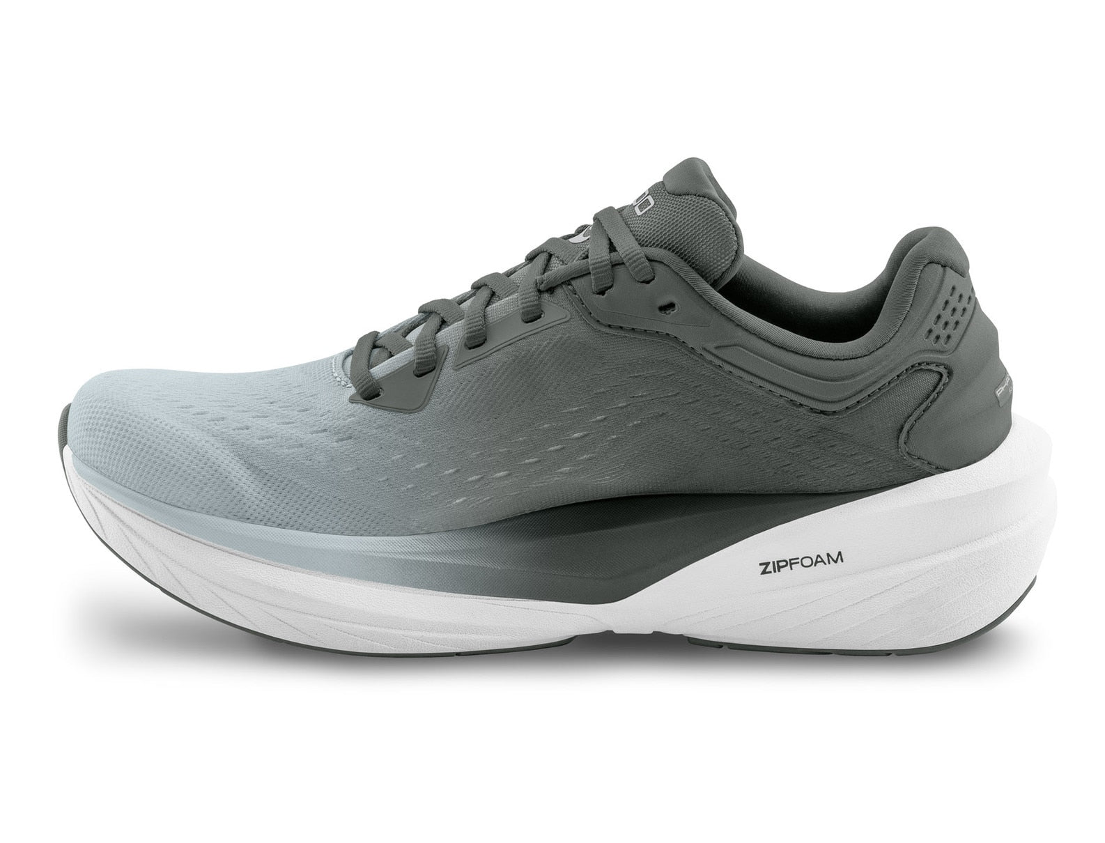 Gray running shoe with white sole on a white background