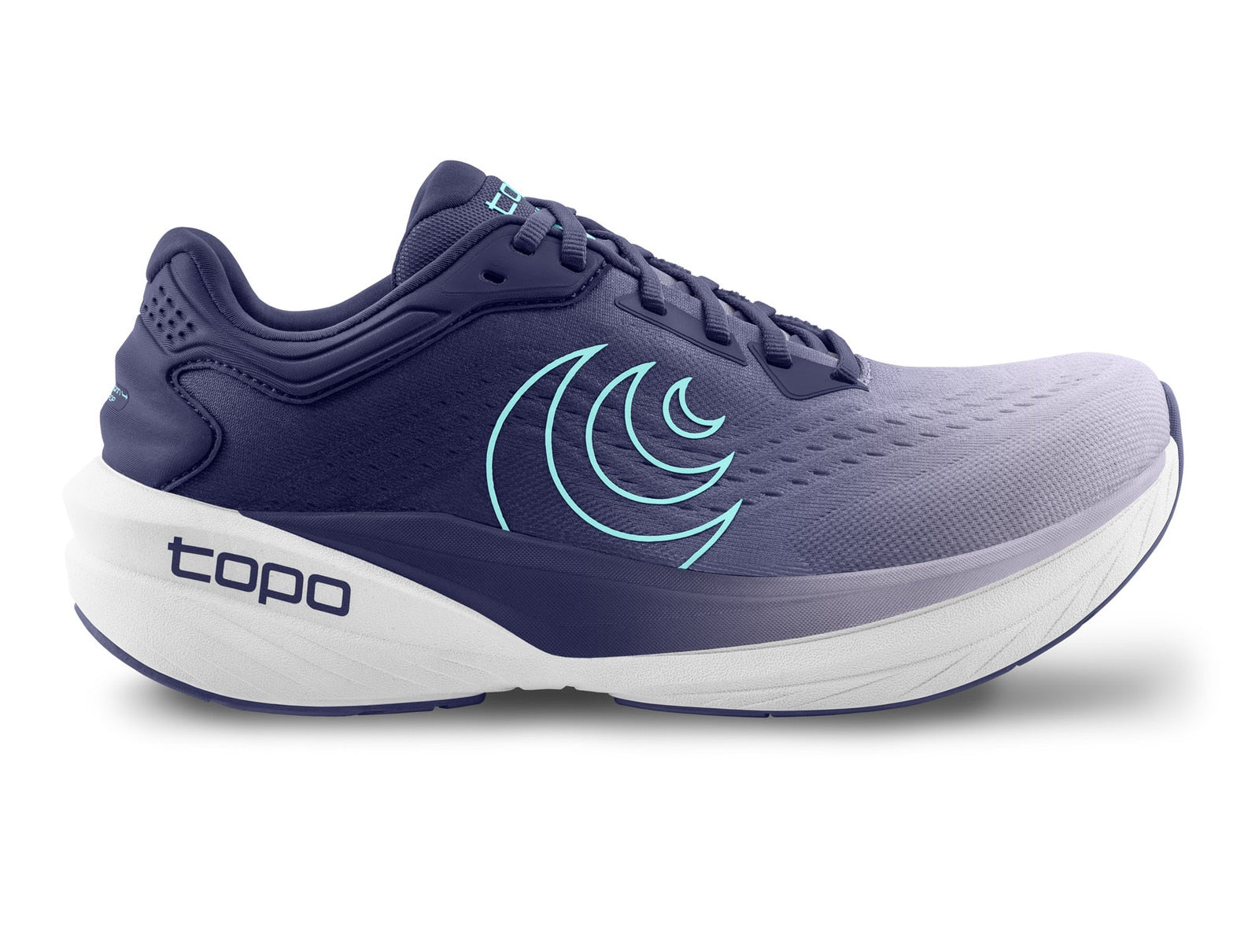 Navy running shoe with white sole and blue logo on a white background
