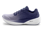Navy running shoe with white sole on a white background
