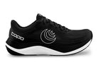 Black running shoe with white sole and Topo logo on a white background