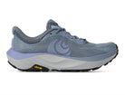 Gray running shoe with purple accents on a white background