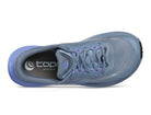 Blue athletic shoe with purple accents on a white background