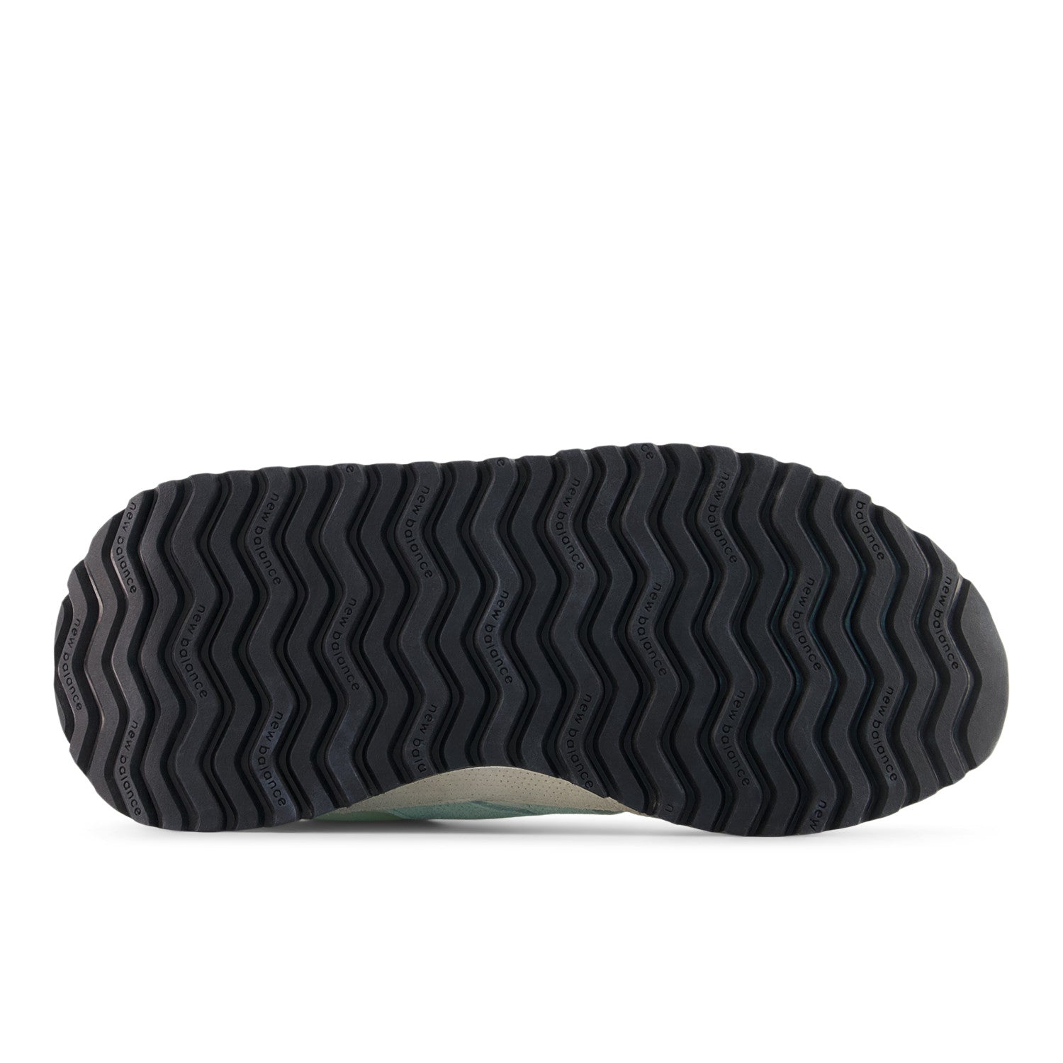 Close-up of a black shoe sole with tread pattern on a white background