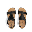 Black sandals with tan soles on a white background