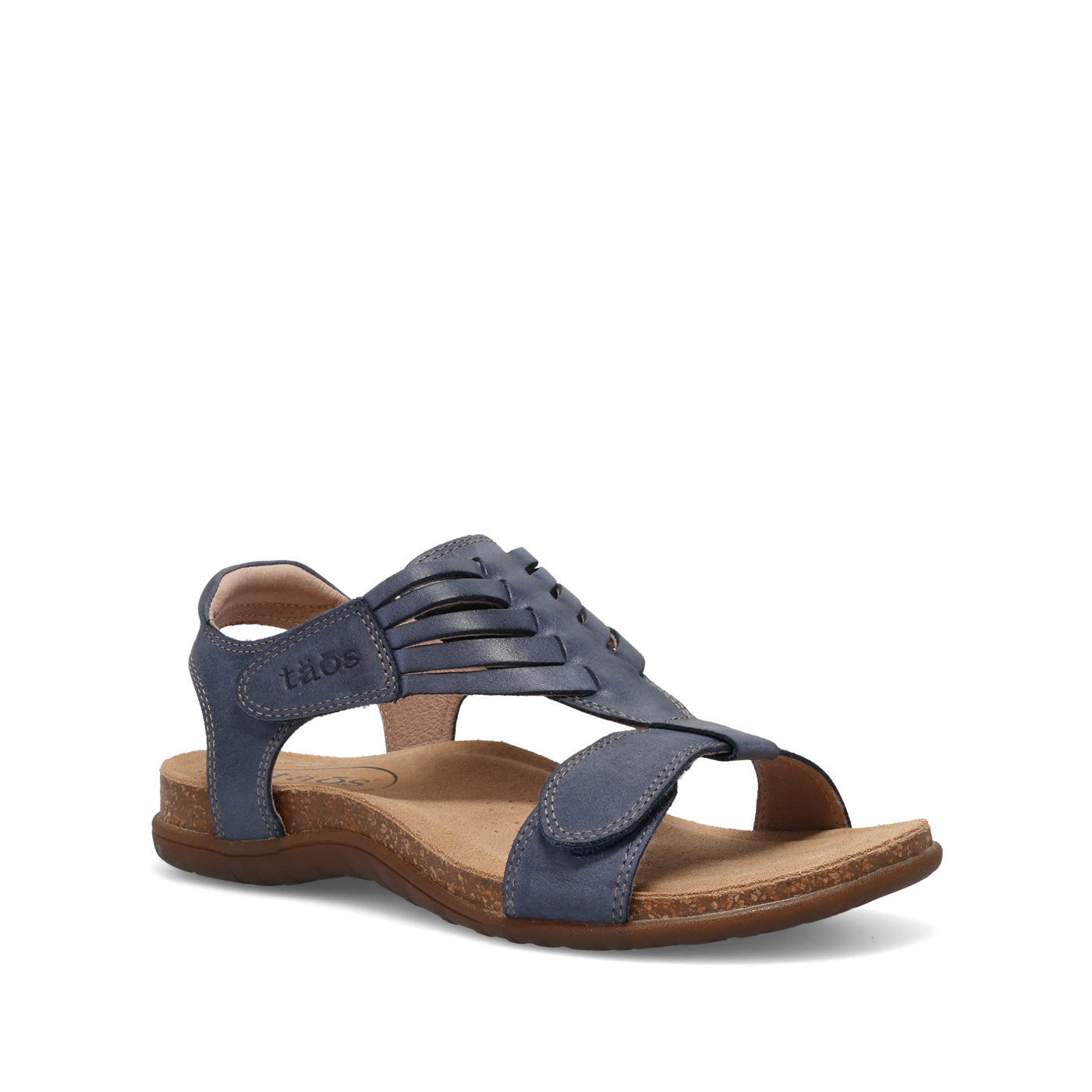 Blue sandal with brown sole on a white background