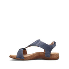 Blue sandal with a brown sole on a white background