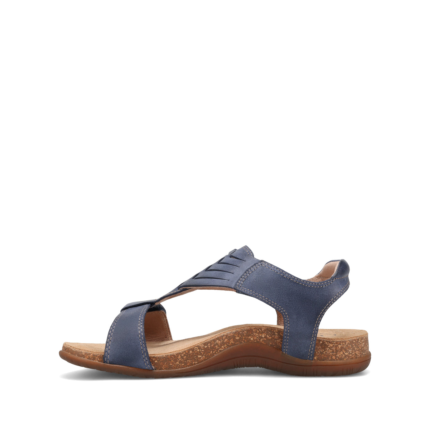 Blue sandal with a brown sole on a white background