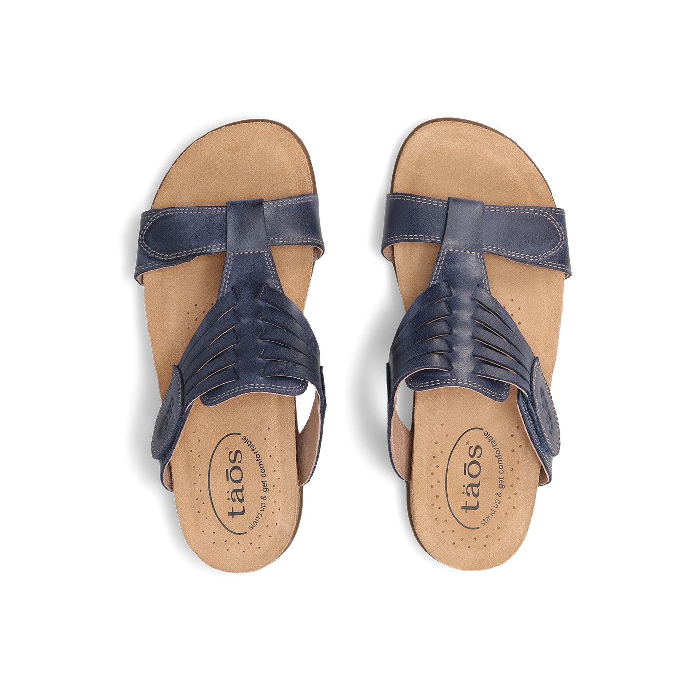 Pair of blue sandals with tan soles on a white background