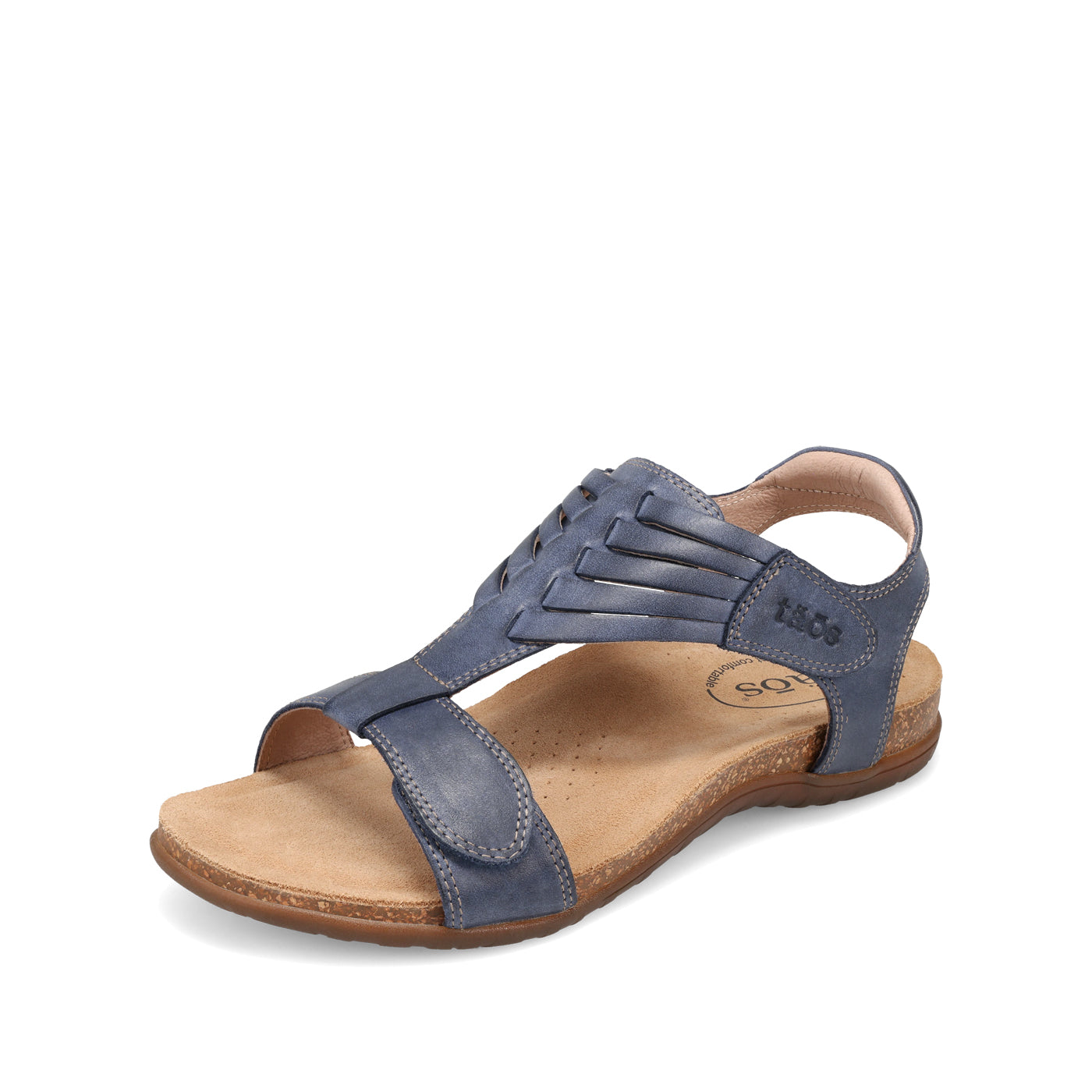 Blue sandal with a brown sole on a white background