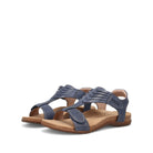 Pair of blue sandals with brown soles on a white background